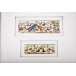 Two early 20th century Persian painted bone plaques in a frame one showing a nomadic camp, with