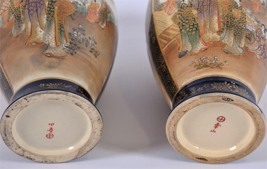 A pair of Japanese Satsuma vases c.1900  decorated with scenes of families in mountainous - Image 4 of 4