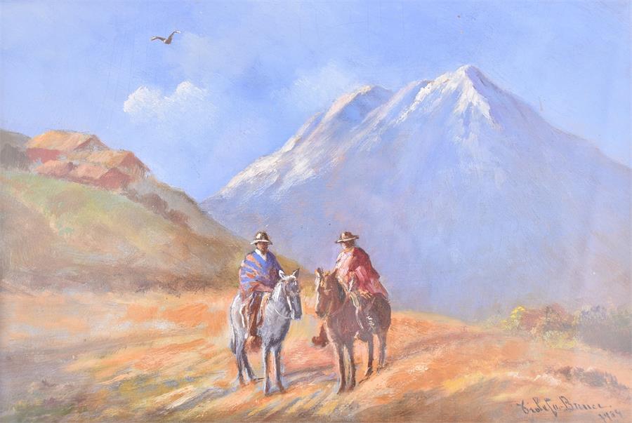 A 1930s landscape with two figures on horseback in a mountainous landscape, signed indistinctly