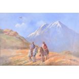 A 1930s landscape with two figures on horseback in a mountainous landscape, signed indistinctly