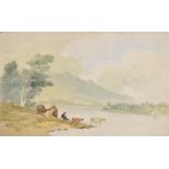 Thales Fielding (1793-1837) British A Herdsman with Cattle at the Water's Edge, watercolour, in a