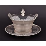 A Victorian silver & glass butter dish  London 1860, by Chawner & Co., the central glass bowl of