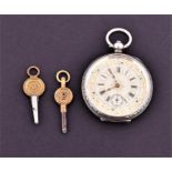 A Continental silver open-faced fob watch  the enamelled dial with black Roman numerals,