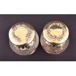 A pair of Victorian silver gilt mounted glass pots  London 1899, maker's mark T.W, each moulded