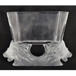 A Lalique clear and frosted glass vase of rectangular trough form with canted corners, supported