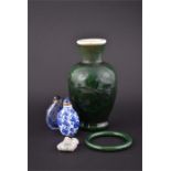 A Chinese Peking glass vase together with two snuff bottles, one porcelain and one glass, a green