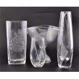 Four Scandanavian glass vases of varying shapes, all with frosted decoration, one with an