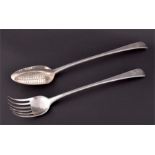 A George III silver straining spoon and serving fork  London 1774 - 1775, probably by Walter
