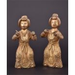 Two 20th century Chinese figures of female musicians with gilt filigree decoration, both holding