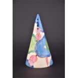 A conical Clarice Cliff Bizarre sugar sifter  decorated in the 'Blue Chintz' pattern, marked to