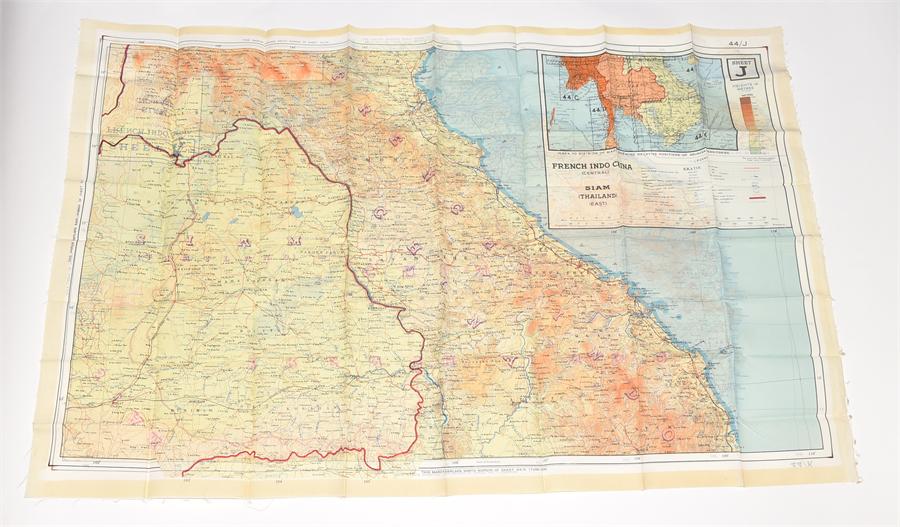 An original WWII 1944 RAF series double sided silk scarf illustrated with a map of Indo China and