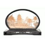 WITHDRAWN A large early 20th century Chinese cork landscape display in a glass and ebonised case