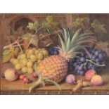 William Hough (1819-1897) British Still Life with Fruit on a Victorian Gothic Cupboard, signed to