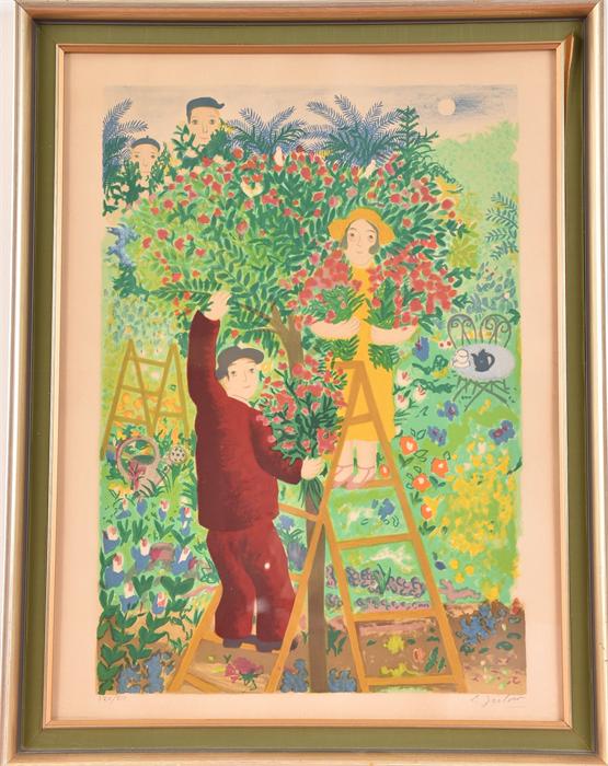 Lennart Jirlow (fl. 1936) Swedish a brightly coloured print of a couple picking flowers in their - Image 2 of 4