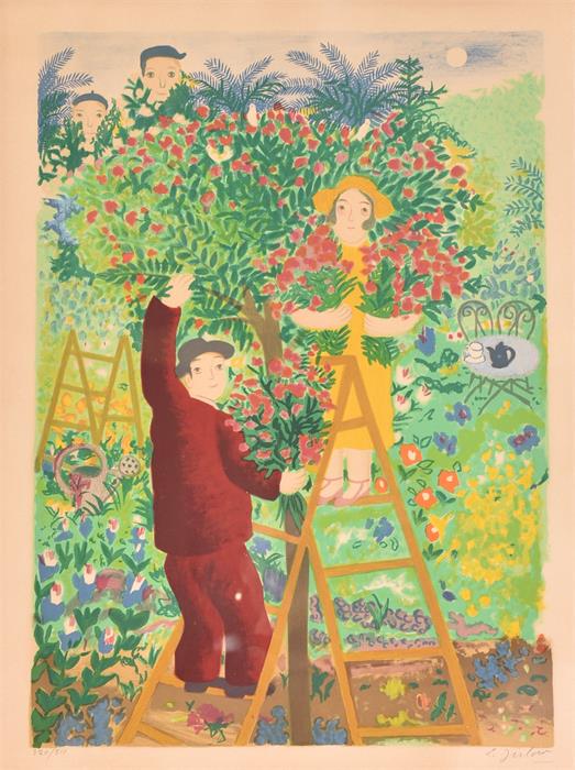 Lennart Jirlow (fl. 1936) Swedish a brightly coloured print of a couple picking flowers in their