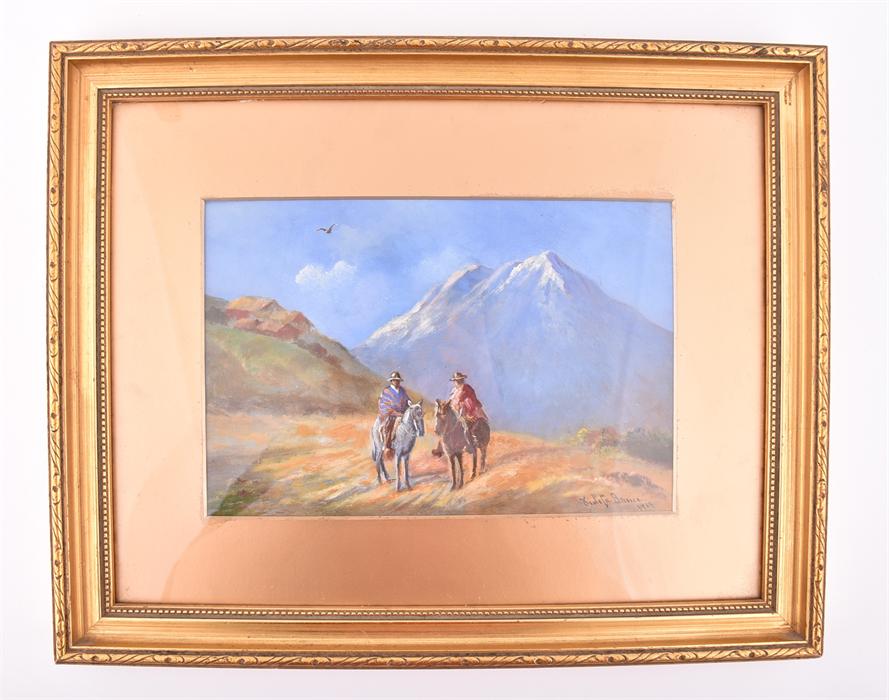 A 1930s landscape with two figures on horseback in a mountainous landscape, signed indistinctly - Image 4 of 4