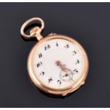 A lady's 14ct gold fob watch  the cream dial with black Arabic numerals, subsidiary dial for