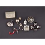 A collection of silver items  to include two small boxes, one with piqueware lid, two scent bottles,