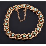 A 15ct yellow gold curb-link bracelet set with turquoise and split seed pearls, approx. 19 cm