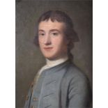 A 19th century portrait of a young man in a blue jacket  oil on board, in a gilt gesso frame, 70 x