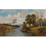 A large countryside scene  showing a man boating down a peaceful river, trees and grasses on the