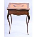 A Louis XVI style rosewood, satinwood and maple work table the serpentine top inlaid with