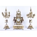 A 19th century style bronze and marble French clock garniture signed Regnault A. Paris to the dial