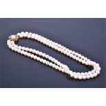 A double-strand pearl choker necklace, measuring approximately 5.4 - 5.8 mm, with a 9ct gold