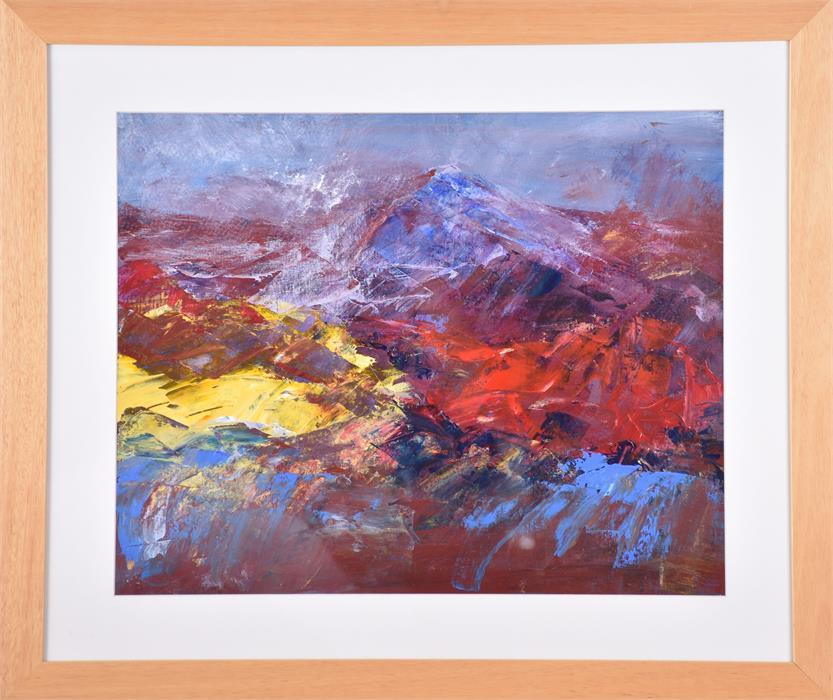 June Mayhew (modern) Welsh  Mountain, acrylic, framed and glazed, 39 x 49 cm, artist catalogued in - Image 4 of 4