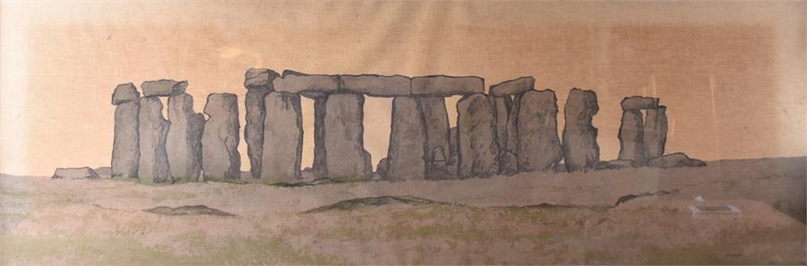 A large batique of Stonehenge signed Shelagh, framed and glazed, 52 x 150 cm.  CONDITION REPORT Wear