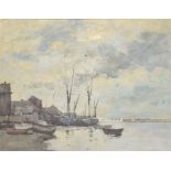 Continental school, a decorative harbour scene of ships beneath blue skies, oil on canvas, unsigned,