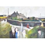 Gill Watkiss (b. 1938) British street scene with figures and houses, oil on board, signed and