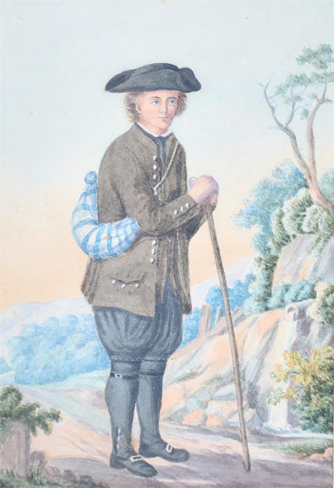 A pair of 19th century watercolour portraits of a Swiss male and female walking along a country - Image 3 of 5