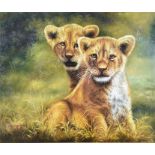A pair of lion cubs oil on canvas, signed Cai Jian Ming to lower left, framed, with gallery
