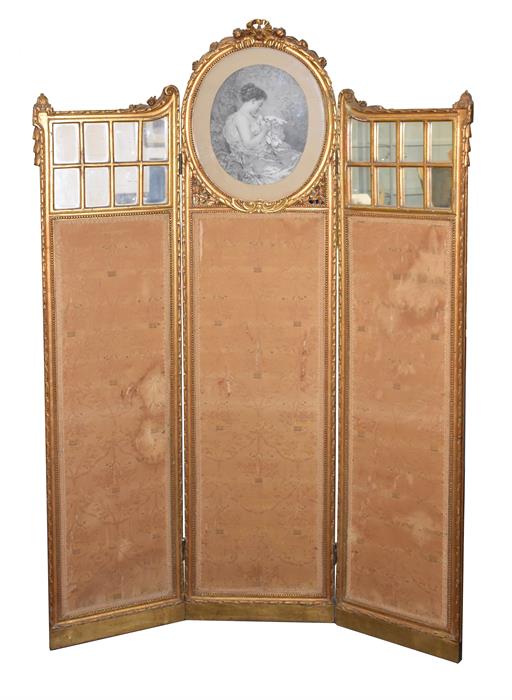 A 19th century gilt-painted wooden three-panelled room screen centred with an image of a young woman
