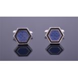A pair of Dunhill silver and enamel cufflinks of hexagonal form, with blue engine turned enamel