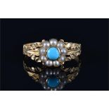 A Victorian yellow gold, pearl, and turquoise floral cluster ring with ornately decorated shoulders,