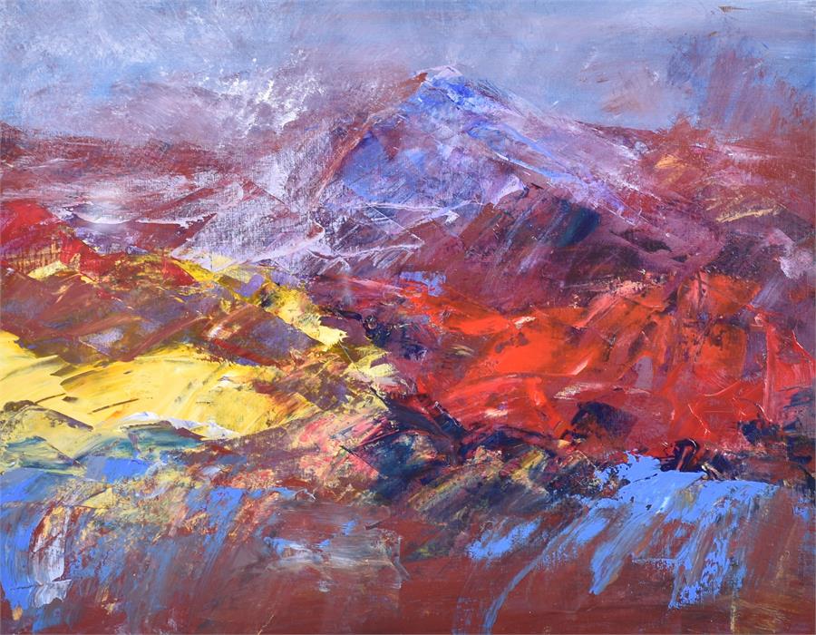 June Mayhew (modern) Welsh  Mountain, acrylic, framed and glazed, 39 x 49 cm, artist catalogued in - Image 3 of 4