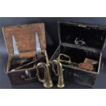 Mixed early 20th Century militaria  to include a stained timber munitions box, a further tin example