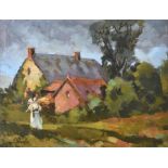 Manner of Paul Cezanne (1839-1906) French an idyllic French landscape with a figure holding an