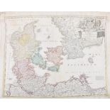 Johann Hubner (1668-1731) German Regni Daniae, a map of Denmark and the Baltic States, hand-coloured