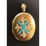 A Victorian yellow gold hinged locket  the oval front set with split seed pearls and turquoise, with