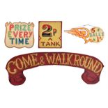 A set of 4 hand-painted wooden fairground signs all double-sided, to include 'prize every time', '2p