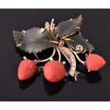 An unusual 19th century French yellow metal, jade, and coral brooch in the form of a spray of