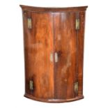 A George III mahogany bow fronted corner cupboard of good colour, with a pair of doors opening to