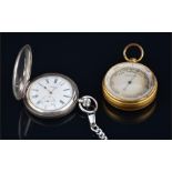 A Victorian gilded pocket barometer in a fitted case, together with an early 20th century Waltham