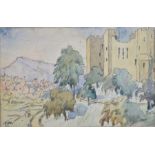 A small early 20th century watercolour of a castle with a town and mountain in the distance,