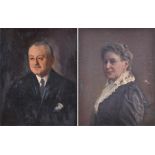 A pair of English School early-20th century portraits the man oil on board, with 'Mrs Wanda Hahnberg