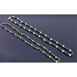 A Chinese spinach jade and pearl necklace with 9ct white gold clasp, together with another similar