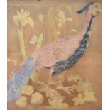 A Victorian needlework of a pheasant standing amongst grasses and flowers, on silk, framed and